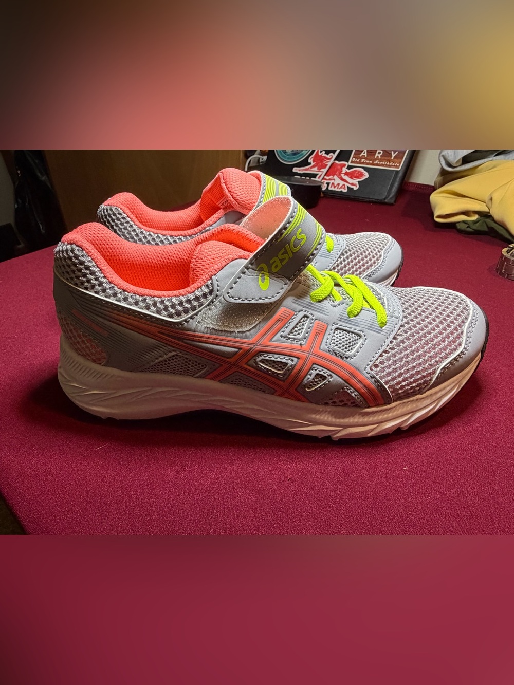 ASICS Kids' Gray, Coral & Neon Yellow Athletic Sneakers size 2 NEW